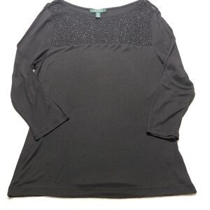 Lauren Ralph Lauren XL Top Blouse Black Beaded Embroidered Sheer Whimsigoth